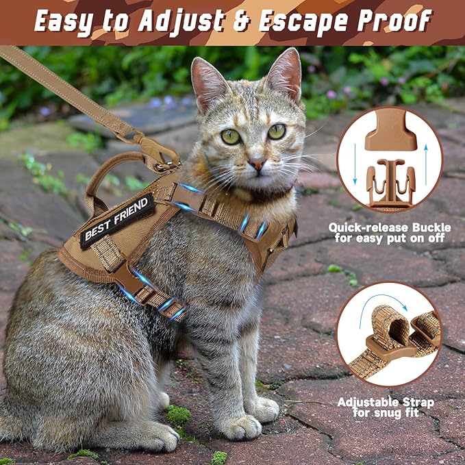 Tactical Cat Harness and Leash, Air Mesh Cat Walking Vest Harness Escape Proof, Reflective Large Cat Harnesses with Handle for Adult Fat Cats (AKhaki, L)