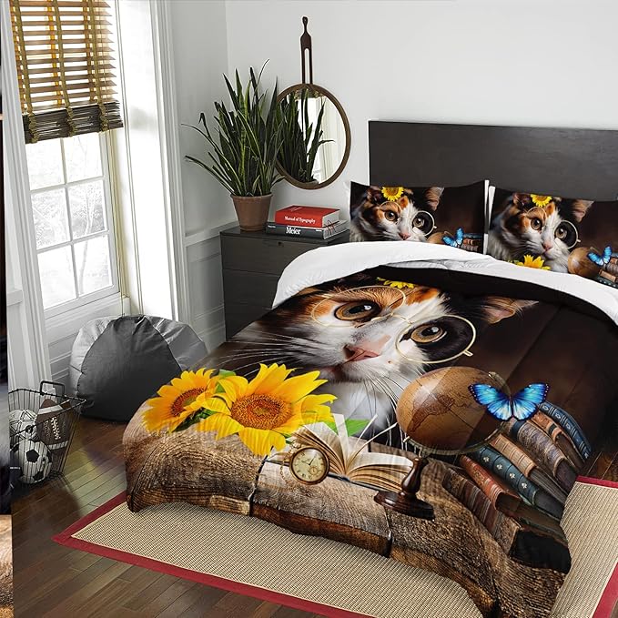 AILONEN Glasses Cat Print Bedding Set Queen Size with Sunflowers Vintage Items Books Comforter Set for Boys Girls,Retro Wooden Style Soft Breathable Duvet Set 3 Pieces, 1 Quilt and 2 Pillowcases