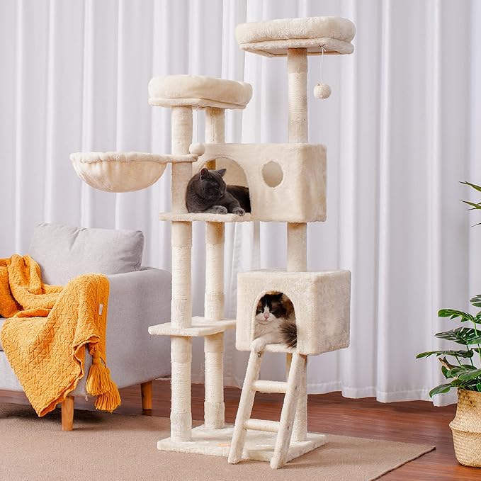Heybly Cat Tree, Cat Tower for Indoor Cats,Multi-Level Cat Furniture Condo for Large Cats with 2 Padded Plush Perch, Cozy Basket and Scratching Posts HCT023M