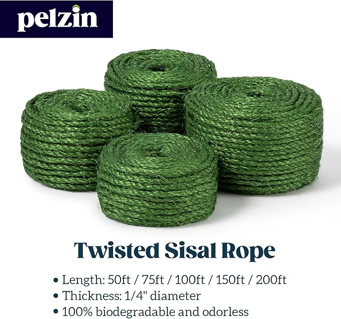 Natural Sisal Rope for Cat Scratcher 1/4 Inch by 50 Feet, Cat Tree Rope Twine for Cat Scratching Post Replacement, Cat Tower with Scratch Post Repairing, Replace, Recovering and DIY, Green