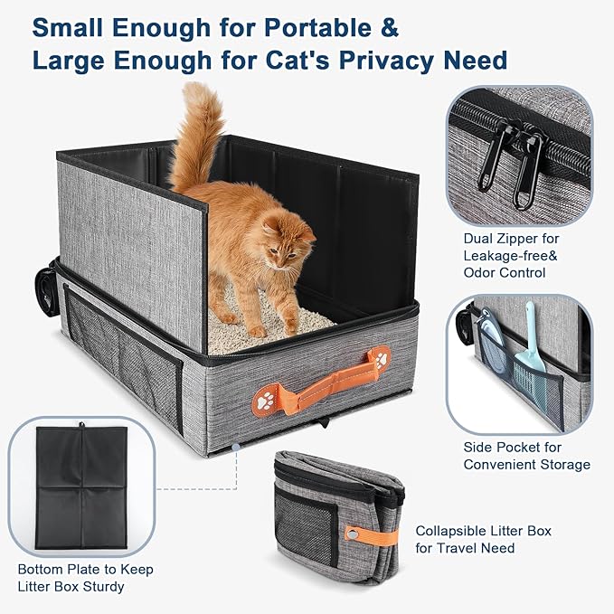 17.7*13.5*13.75" Large Travel Litter Box for Cats, Collapsible Cat Litter Box with Lid, Portable Cat Box with Zipper & Hard Bottom, Leak-Proof Kitty Litter Box for Car Hotel Airplane, Water-Resistant