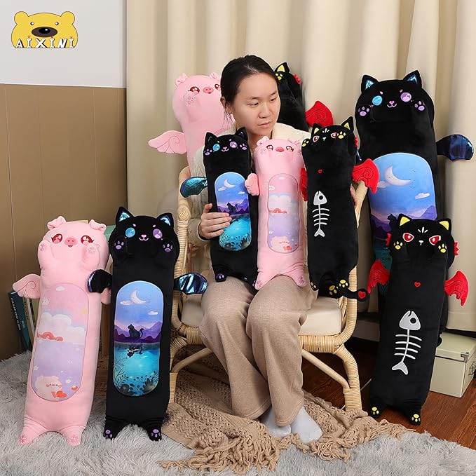 AIXINI Long Cat Plush Pillow Cartoon Cute Black Cat Stuffed Animals, Soft Kawaii Kitten Plushies Pillow Toy for Kids (Moonlight Black,43.3inch)
