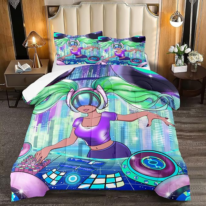 African American Comforter Sets for Girls, Full Size Comforter Set for Girls with Cool DJ Girl Pattern Soft Microfiber 3 Piece Quilt Set Green Pretty Girl Bedding Comforter Set with 2 Pillowcases