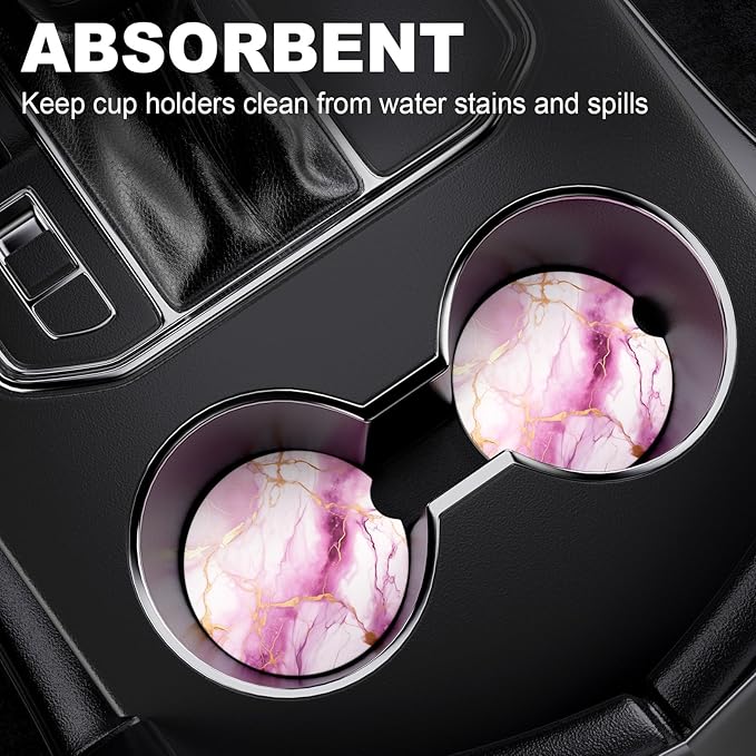 2 Pack Car Cup Holder Coaster, 2.63 inch Anti Slip Insert Absorbent Ceramic Car Coaster with Cork Base and Finger Notch, Cute Car Accessories Interior for Women, Cute Car Coasters., CH0025