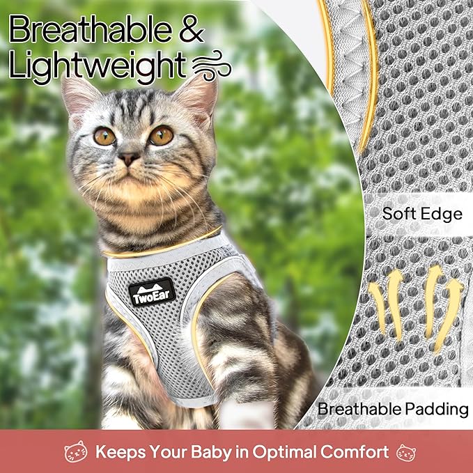 TwoEar Cat Harness Escape Proof, Soft Dog Vest Harness Adjustable, Breathable Mesh Step-in Puppy Walking Jacket Reflective Easy Control for Extral Small Pets for Outdoor Walking(XXXS, Grey)