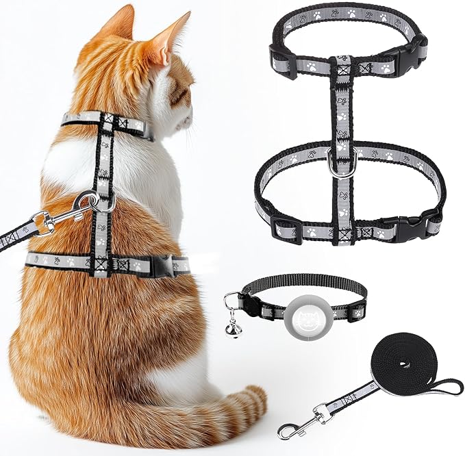 KOOLTAIL Cat Harness and Leash Set Escape Proof with Cat Airtag Holder Collars (3 in 1), Comfortable Lightweight Adjustable Kitten Harness for Small Medium Large Cats Safe Walking & Travel, Black