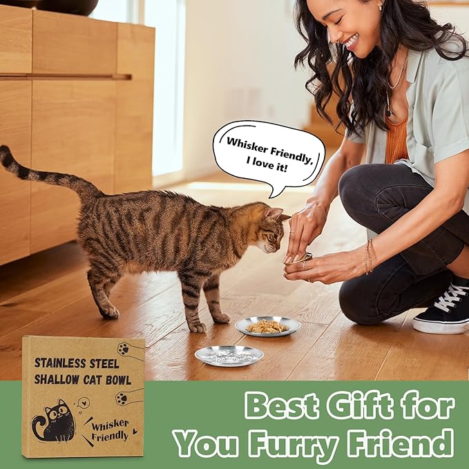 8PC Stainless Steel Cat Bowls Set - Whisker-Friendly Shallow Dishes for Indoor Cats, 6.7" Anti-Fatigue Food Bowl for Wet/Dry Food (13oz)