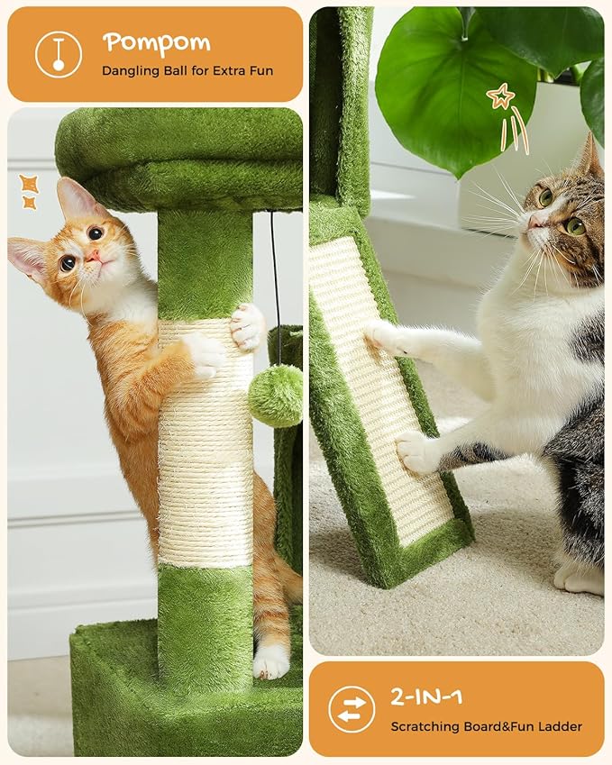 PAWZ Road Cat Tree, 30 Inches Cat Tower with Dual Condos for Indoor Cats, Plush Cat House with Padded Perch, Scratching Ramp and Posts and Replaceable Balls-Green