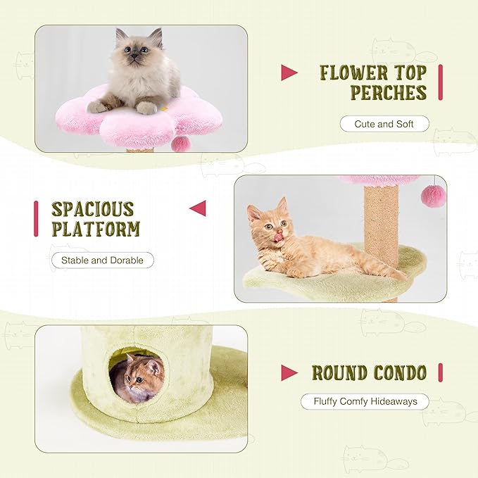 Erinnyees Flower Cat Tree, 38" Cat Tower with Scratching Post, Cute Cat Condo House with Dangling Ball for Kittens and Small Indoor Cats, Multi-Level Pet Play Climbing Stand