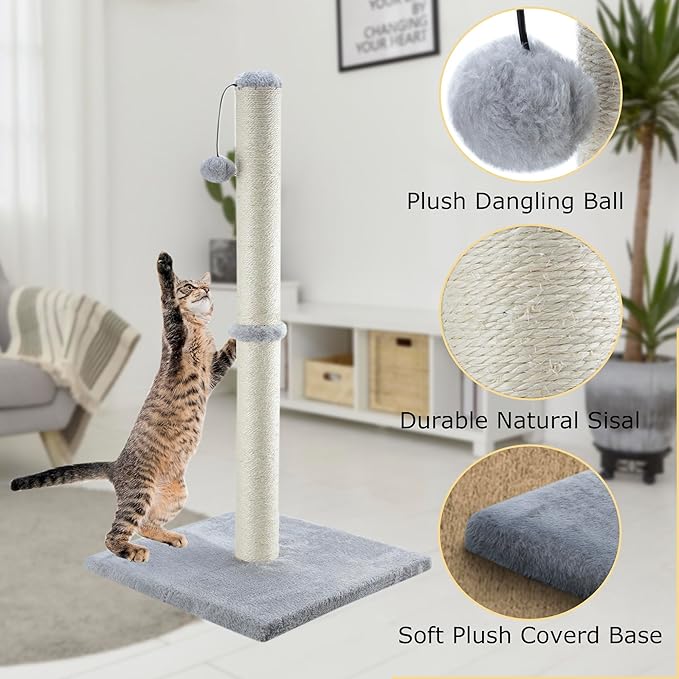 Dimaka 34" Tall Cat Scratching Post for Large Cats and Kittens, High Vertical Scratcher with Premium Natural Sisal Rope and Interactive Hanging Ball for Indoor Cats(Grey, 34 inches)