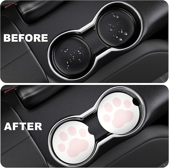 2 Pack Car Cup Holder Coaster, 2.63 inch Anti Slip Insert Absorbent Ceramic Car Coaster with Cork Base and Finger Notch, Cute Car Accessories Interior for Women, Cute Car Coasters., CH0025