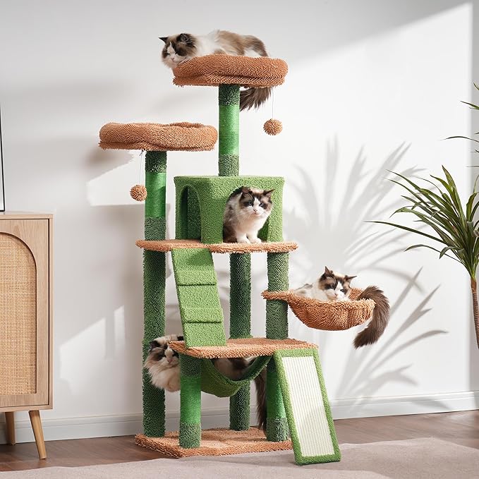 Heybly Cat Tree, Cactus Cat Tower for Indoor Cats,Multi-Level Cat Furniture Condo for Cats with Padded Plush Perch, Cozy Basket and Scratching Board HCT014CA