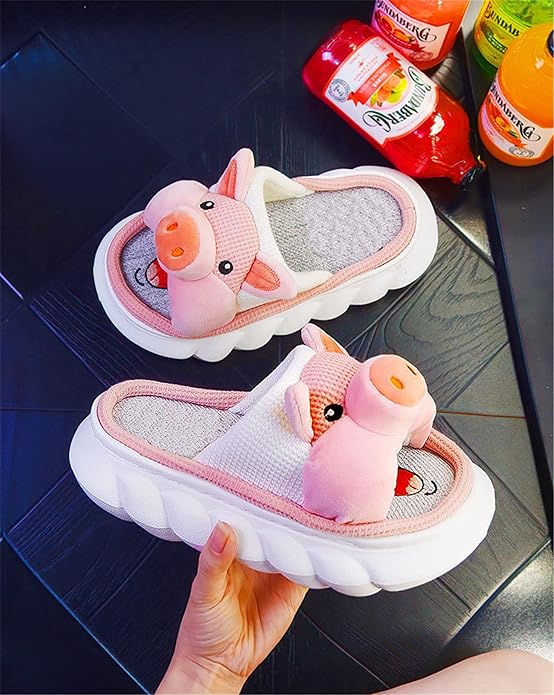 AZCHEN Women's Animal Cartoon Pig Slippers - Cute and Comfortable Linen Plush Slippers for Home