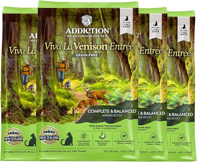 Addiction Viva Venison Cat Grain Free Dry Cat Food Complete Balanced Recipe for Healthy Digestion Crafted in New Zealand 4lb - 4 Packs