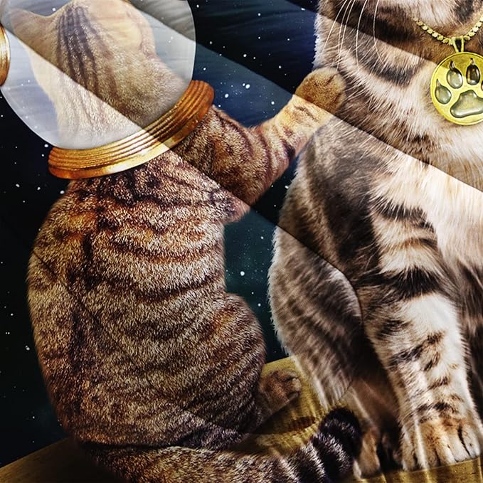 AILONEN Beige Cat Bedding Set Twin Size with Wearing Space Suit Cat Galaxy Planet Comforter Set for Kids Boys Girls,Rocket Starry Soft Breathable Duvet Set 3 Pieces, 1 Quilt and 2 Pillowcases