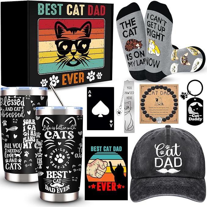 9 Pieces Cat Dad Gifts for Men, Cat Lover Gifts for Men with 20 Oz Tumbler Baseball Cap Socks Bracelet Keychain Bookmark Bottle Opener Greeting Card, Father’s Day, Birthday, Christmas Gift
