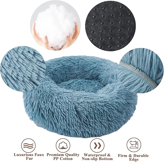 Aurako Cat Bed Dog Bed Round Cushion Pet Bed Mat Ultra Soft Plush Donut Sofa Comfortable Pillow Machine Washable Pet Cuddle Beds for Kitten Small Medium Large Dogs Cats 28" Cyan