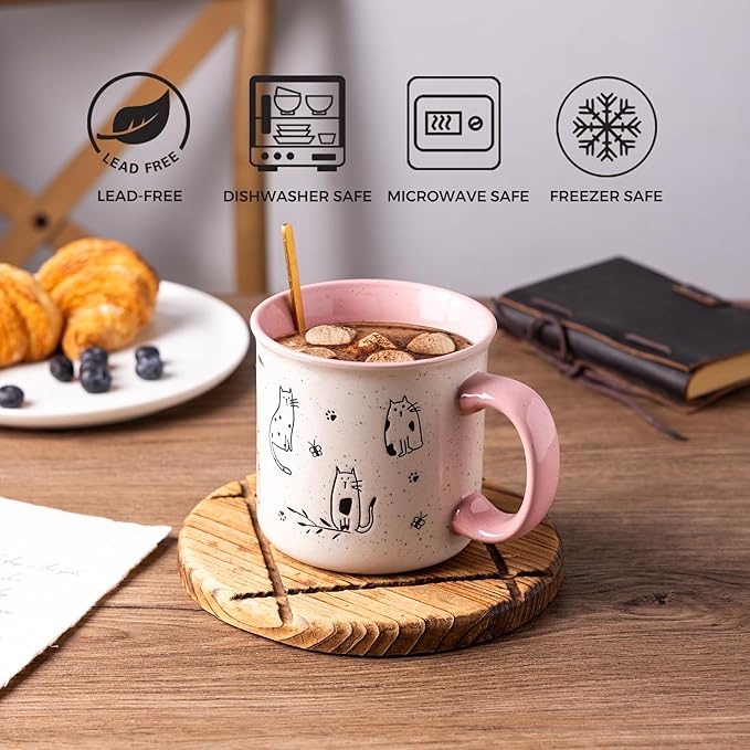 AmorArc 22 OZ Large Ceramic Coffee Mugs Set of 2, Oversized Mugs With Big Handle for Men Women Dad Mom, Big Mug With Textured Dogs Cats Patterns for Office & Home -Microwave Safe, 2 Pcs-Pink