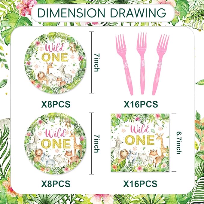 48Pcs Wild One Birthday Decorations Jungle Safari Theme Tableware Set Wild Animals Disposable Plates Napkins Forks Serves 16 Safari Baby Shower Decorations