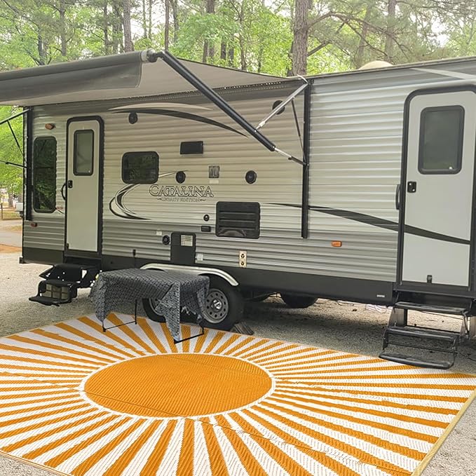 Anidaroel Outdoor Area Rugs 9x12ft Waterproof Clearance, Reversible Camping Rugs for Outside RV, Outdoor Plastic Straw Patio Rugs for Camping, Trailer, Backyard, Pool Deck, Picnic(Orange,9‘x12')
