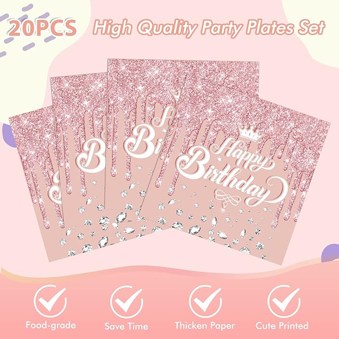 41Pcs Rose Gold Birthday Party Decorations - Pink Rose Gold Theme Supplies - Includes 20 Plates, 20 Napkins and 1 Tablecloth for Girls Women