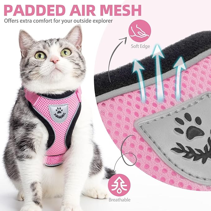 PUPTECK Cat Harness and Leash Set Escape Proof Reflective Cat Walking Harness Adjustable Soft Breathable Mesh Vest for Small Pets, Light Pink, L