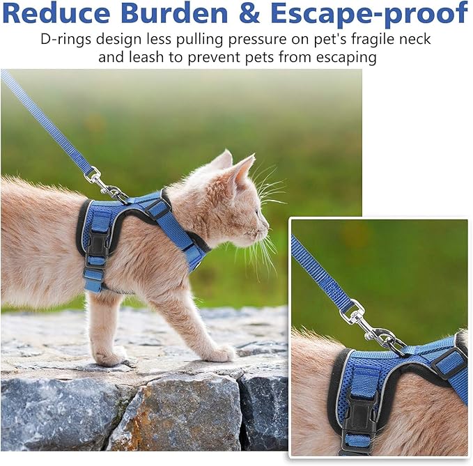 Dooradar Cat Harness and Leash Set, Escape Proof Safe Adjustable Kitten Vest Harnesses for Walking, Easy Control Soft Breathable Mesh Jacket with Reflective Strips for Cats, Blue, XS