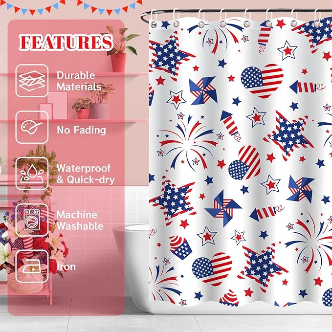 4th of July Waterproof Shower Curtain Set - Standard 71 x 71 inch, American Star Fireworks Independence Day Waterproof Fabric Shower Curtain with 12 Hooks, Bathroom Accessories, 1 Panel