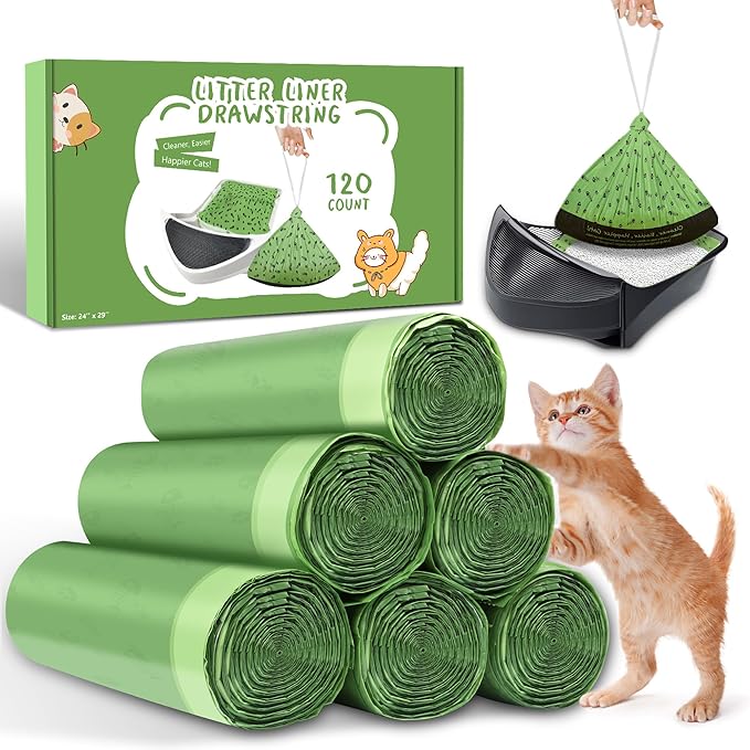 120 Count Drawstring Cat Litter Waste Bags Fit for Most Automatic Self-Cleaning Box, Durable Pet Kitty Drawer Liners Replacement Compatible with Litter-Robot 4 and 3, 24'' W x 29'' H