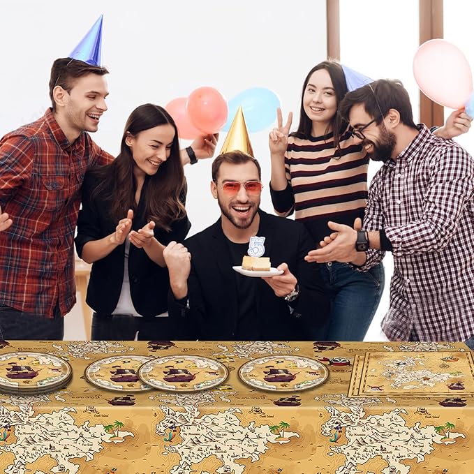 41 Pieces Pirate Party Tableware Set Pirate Birthday Party Decorations Includes Treasure Map Plates Nautical Napkins and Plastic Island Treasure Tablecloth for Treasure Theme Birthday Party Decoration