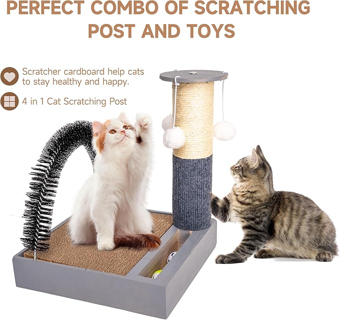 Pet Fur Grooming Cat Scratching Pads,Cats Self Groomer Massager Scratcher Toy Brush,Cat Scratching Pads with Wooden Tray (Gray)…