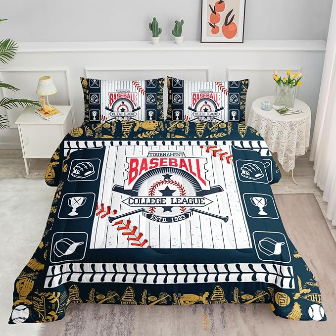 Baseball League Kids Comforter Bedding Set for Boys Girls,Cartoon Baseball Glove Baseball Cap and Suture Comforter with 2 Pillowcases(Baseball League Full)
