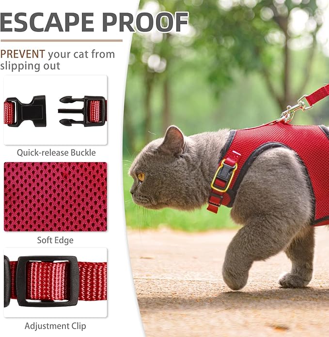 PUPTECK Soft Mesh Cat Vest Harness and Leash Set Puppy Padded Pet Harnesses Escape Proof for Cats Small Dogs, Red Medium