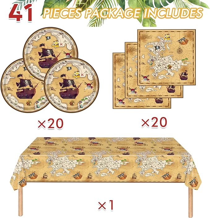 41 Pieces Pirate Party Tableware Set Pirate Birthday Party Decorations Includes Treasure Map Plates Nautical Napkins and Plastic Island Treasure Tablecloth for Treasure Theme Birthday Party Decoration