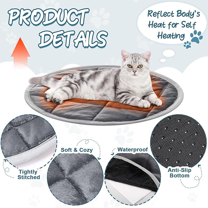 2 Pcs Cat Heating Pad Round 16 Inch Self Heating Cat Mat Washable Heated Cat Bed Anti Slip Cat Warming Pad Pet Bed Mat for Kennel Dog Crate Indoor Outdoor(Gray,19 Inch)