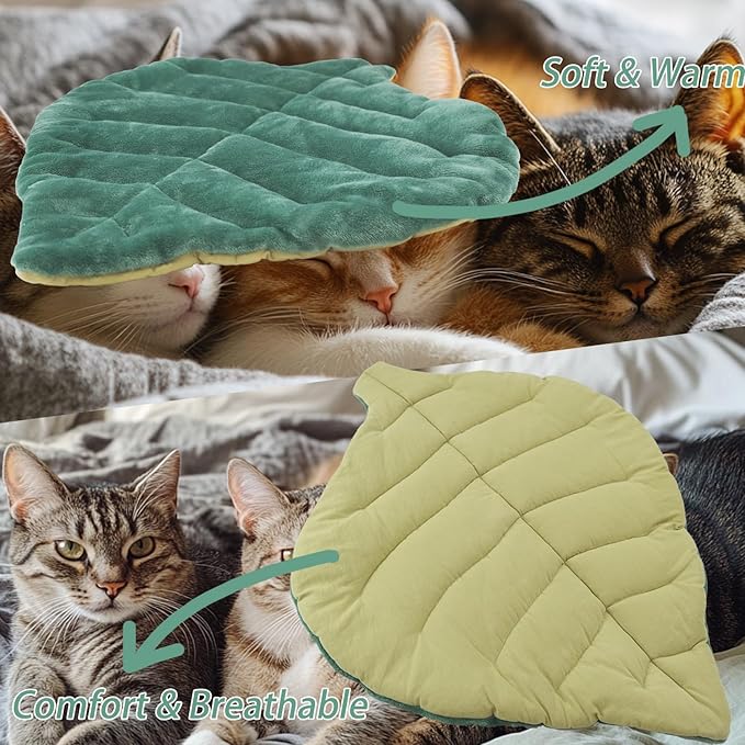 Leaf Shaped Self-Warming Cat Bed Mat – 26"x20" Cotton Pet Pad, Cat Blanket for Indoor Cats, Cat Lick Mat, Cat Heating Pad, Soft Kitten Cushion & Puppy Mattress (Green)
