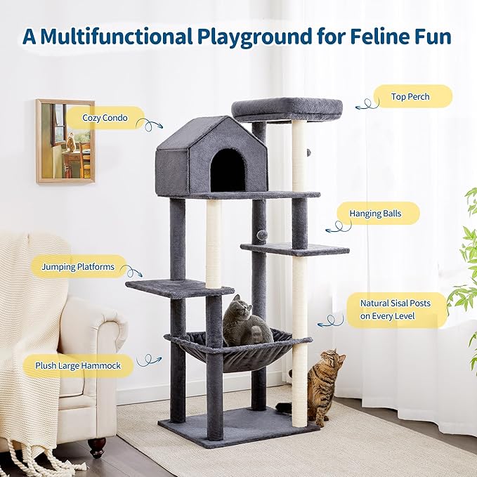 Made4Pets 60 inch Cat Tower for Indoor Cats, Multi-Level Cat Tree with Plush Hammock, Cozy Cat House, Scratching Posts, Top Perch, and 2 Hanging Balls