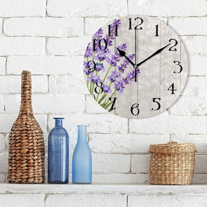 ALAZA Purple Clock Lavender Kitchen Clock Purple Flower Clock Sage Wooden Blue Wall Clock 9.5 Inch Battery Operated Non Ticking Silent Clocks Lavender Bathroom Wall Art Decorative