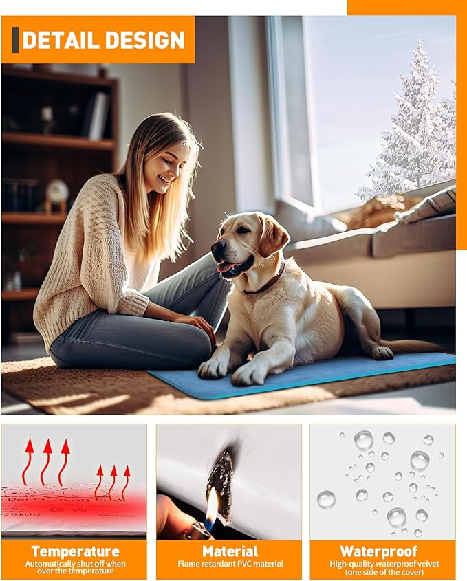 Large Pet Heating Pad Temperature Adjustment Dog Heating Pad Anti-bite Puppy Heating Pad with Timer Cat Heating Pad Indoor Waterproof Pet Warming Pad Electric Heated Bed Mat Dog