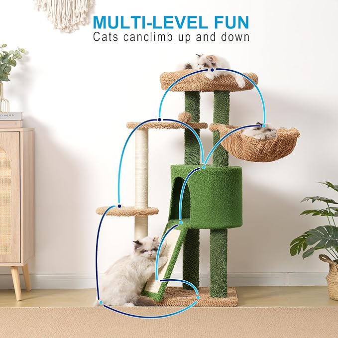 Hey-brother Cat Tree with Scratching Board, Cat Tower with Padded Plush Perch and Cozy Basket, Multi-Platform for Jump, Green and Yellow MPJ005GY