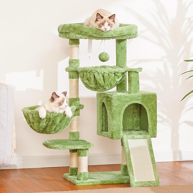 Hey-brother Cat Tree, Cat Tower for Indoor Cats, Cat House with Large Padded Bed, Cozy Condo, Hammocks, Sisal Scratching Posts, Big Scratcher, Green MPJ006SGR