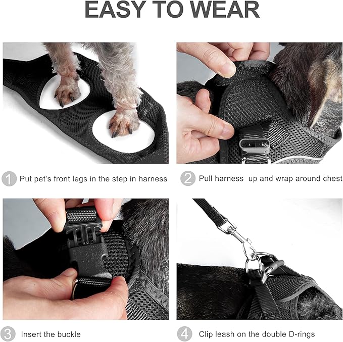 PetiFine Step in Small Dog Harness and Leash Set, Breathable All Weather Air Mesh Reflective Escape Proof, Step-in Vest Harnesses for Puppy(XS, Black)