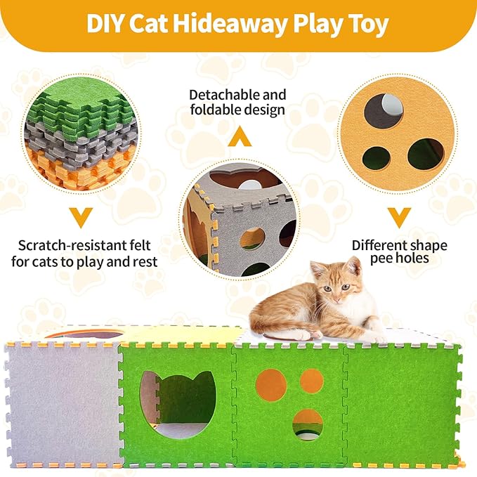 16 Pcs DIY Cat Play Tunnel, Foldable Cat Hideaway Cave Felt Cat Tunnel, Soft Felt Pet Kitten Play Tubes and Tunnels with Interactive Peek Hole, Cat Tunnel Bed for Indoor Cats