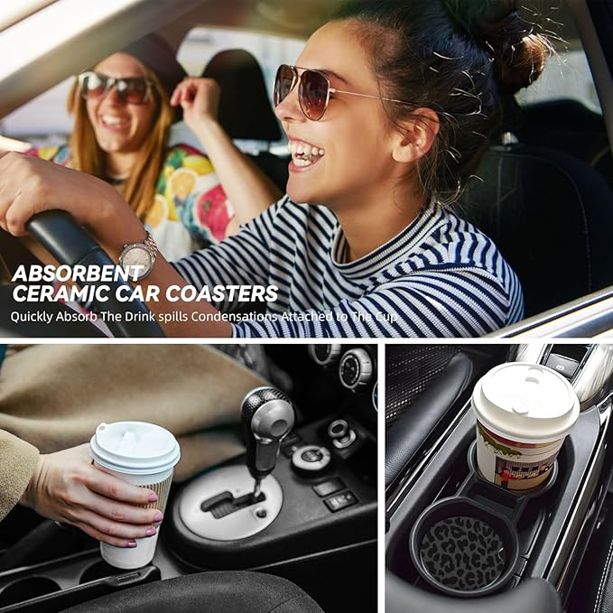 Absorbent Ceramic Car Coasters for Cup Holders, Black Leopard Cheetah Print Design 2.56" Anti Slip Universal Drink Cup Coasters for Women Men (2 Pack)