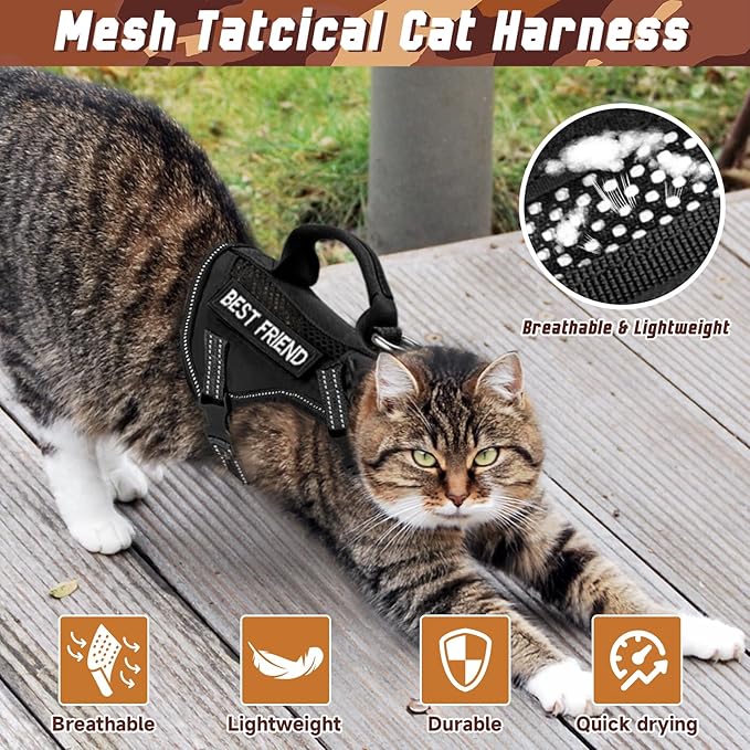 Tactical Cat Harness, Air Mesh Cat Walking Vest Harness Escape Proof, Reflective Extra Large Cat Harnesses with Handle for Adult Fat Cats (Black, XL)