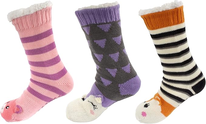BambooMN Extra Thick Cozy Fuzzy Animal Thermal Cabin Plush Fleece-lined Knitted Crew Socks