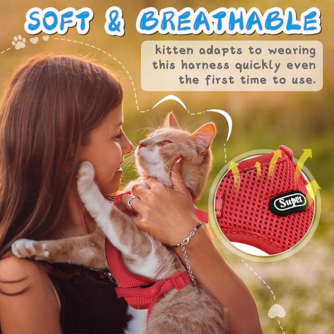 Supet Cat Harness and Leash Set for Small to Large Cats Adjustable Cat Vest Harness with Reflective Trim Universal Cat Leash and Harness for Cats/Puppies