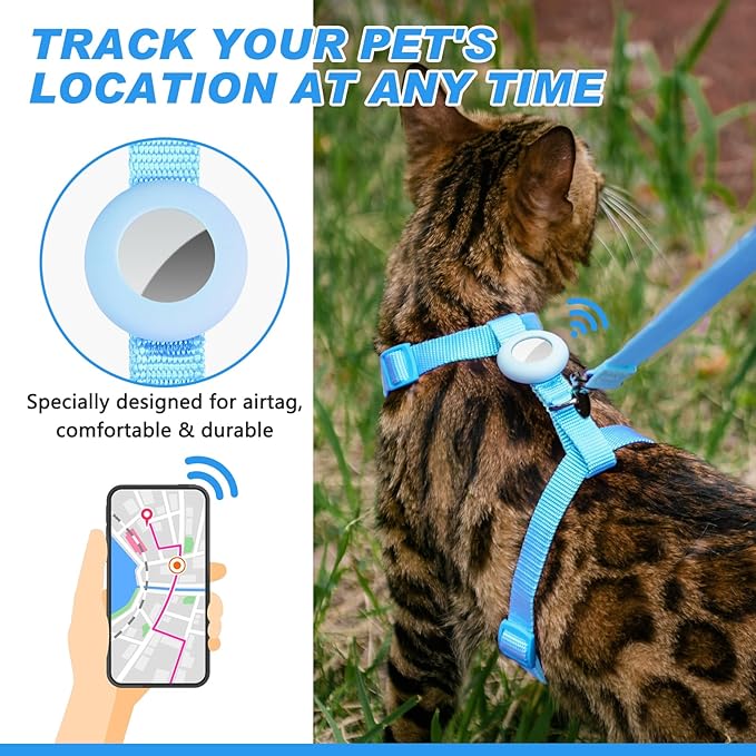 Cat Harness and Leash Set Escape Proof for Walking, Adjustable Cute Kitten Harness Leash with Airtag Holder for Small Large Cats, Lightweight Soft Walking Travel Harness (Blue)