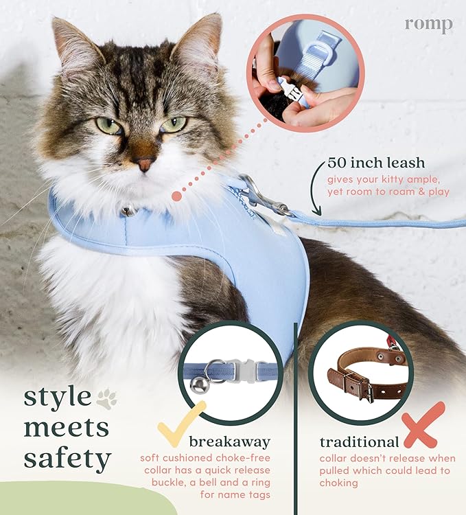 Cat Harness, Collar & Leash Set - Escape Proof Adjustable Choke Free Velcro Harness Vest for Walking Cats & Kittens (Cotton Blue, Small)