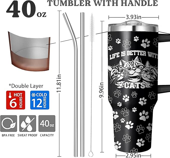 40 Oz Black Cat Tumbler With Handle and Straw, Double Wall Stainless Steel Insulated Mug for Cat Lovers, Mom or Dad - Cups Gifts for Women